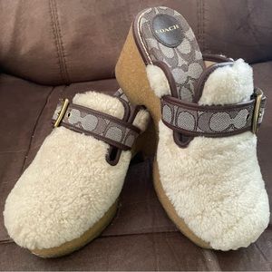 Ivory and tan shearling chunky clog by Coach